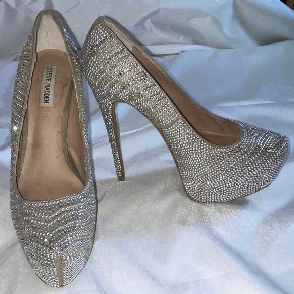 STEVE‎ MADDEN Dyvinal Platform Rhinestone Silver Jeweled Heels - Size 10 - Picture 1 of 15